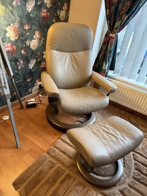 Stressless Leather Recliner Swivel Chair and Footstool - Image 1 of 3