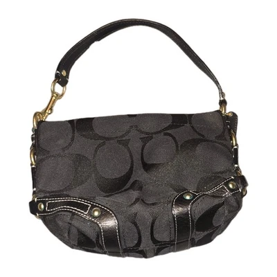 Coach Black Signature Jacquard Leather Trim Hand Bag Carly Purse F1082 - Image 1 of 4