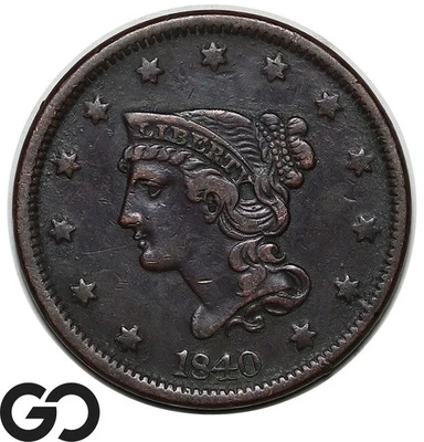 1840 Large Cent, Braided Hair, Choice XF Early Date Copper - Image 1 of 3