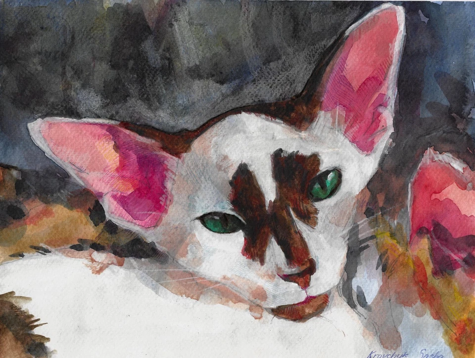 оригинальная картина 21 x 27,5 см 34IvO произведение искусства смешанные медиа современный восточный кот - Изображение 1 из 1