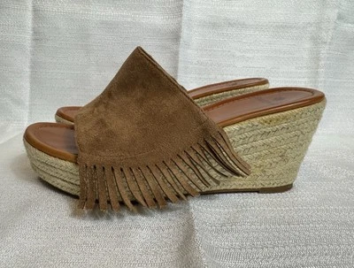 Ruff Hewn Espadrille Wedge Sandals Wyatt Slide Fringed Brown Vegan Suede Size 9M - Image 1 of 4