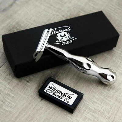 Doppio Filo Uomo Rasoio da Barba 2 Lati Lame Con Nuovo Design Manico Argento - Immagine 1 di 4