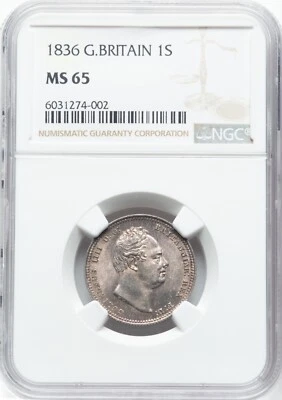 ENGLAND WILLIAM IV  1836  1 SHILLING COIN, GEM UNCIRCULATED, NGC CERTIFIED MS65 - Image 1 of 4