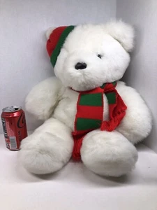 Teddybär groß weiß Bär rot Mütze Schal Winter Ski Weihnachtsbär Vintage - Bild 1 von 3