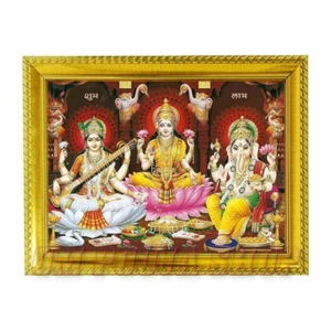 Lakshmi Ganesh Saraswati Photo in Frame Three Gods Picture OmPoojaShop - Picture 1 of 2