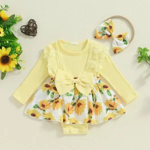 2PCS Baby Girl Clothes Romper Ribbed Floral Print Long Sleeve Romper Headband - Picture 1 of 27