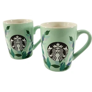 2 tazas de café Starbucks verdes menta florales con sirena negra 10 OZ 2020 - Imagen 1 de 8