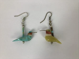 Vintage Navajo Fetish Earrings Hummingbird Turquoise Zuni Dangle Earrings - Picture 1 of 6