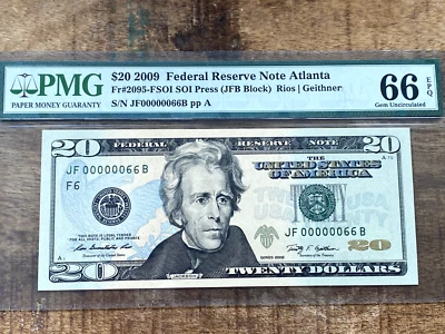 $20 2009 FRN 2095-F Atlanta PMG 66EPQ - 00000066 LOW SERIAL 66 - Image 1 of 2