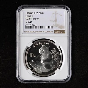Small Date - 1998 China 10 Yuan 1oz Panda Silver Coin NGC MS69 - Picture 1 of 2
