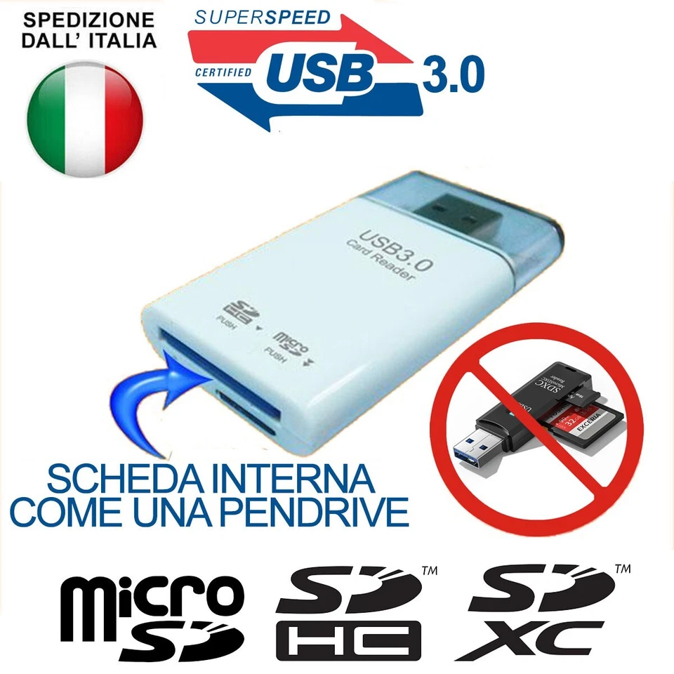LETTORE DI MEMORIE CARD READER USB 3.0 SCHEDE SDXC SDHC SD MICROSD PENDRIVE - Image 1 of 1