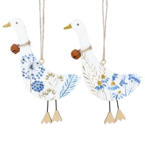 Gisela Graham Set of 2 Hanging Blue Meadow Geese Wooden Easter Decorations - Picture 1 of 1
