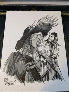 Tim Shinn Captain Hector Barbossa Pencil Drawing 9x12 Pirates of the Caribbean - Picture 1 of 5