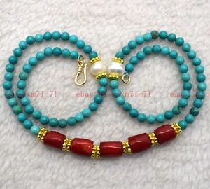 Small 4mm Blue Turquoise Round Gemstone Beads Red Coral Necklace Jewelry 18" AAA - Picture 1 of 6