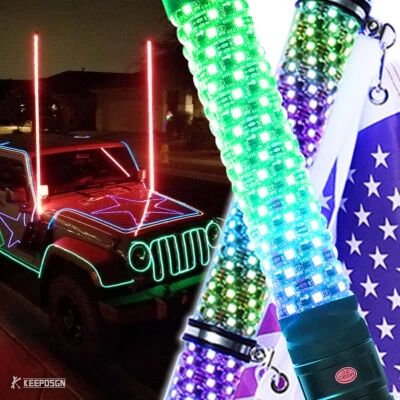 3FT 1.8" Fat Whip Lights RGB Music Chasing Antenna Turn Signal For JEEP Off-Road - Image 1 of 4
