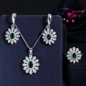 Gold Plated Green Cubic Zircon Sunflower Pendant Earrings Ring Women Jewelry Set - Picture 1 of 15