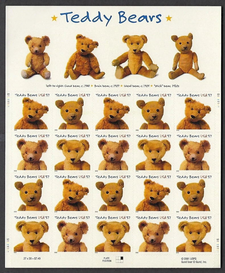 3653-56 MNH sheet of 20, 37-cent stamps featuring Teddy Bears - CV $30.00 - Image 1 of 1
