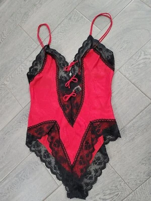 Vintage Victoria Secret Teddy Red Black Bodysuit Gold Label Babydoll Lace Large — 第 1/4 张图片