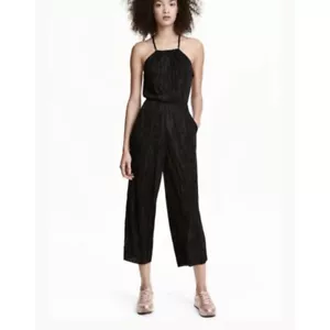 H&M Divided Pleated Ruffle Halter Jumpsuit Black Crop Wide Leg Stretchy Womens 4 - Picture 1 of 10