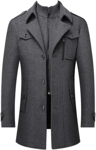 Men's Wool Coat Winter Slim Fit Pea Coats Single Breasted Trench Jacket Overcoat - Picture 1 of 7