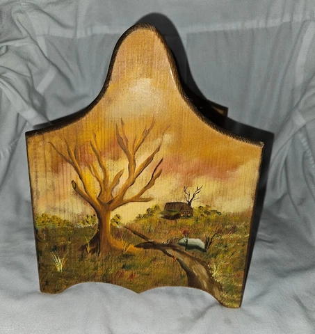 Wood 5 compartment box Sewing utensils wooden painted cabin scene vintage rustic Cover