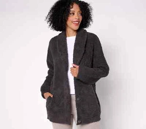 Barefoot Dreams CozyChic Shearling Button Front Jacket, Carbon Large A660885 - Picture 1 of 5