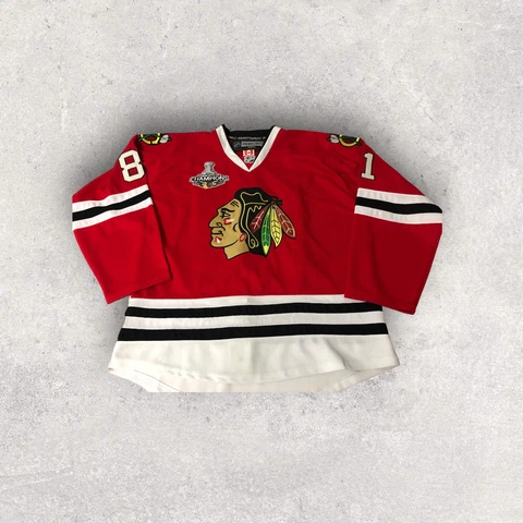 Red Reebok CCM Chicago Blackhawks Marian Hossa Jersey Men's Size 50 Cover