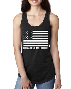 Mess Around and Find Out Black and White American Flag Ladies Racerback Tank Top - Picture 1 of 8
