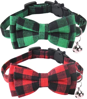 2 Pack Christmas Cat Collars Breakaway with Bow Tie and Bell, Classic Buffalo Pl