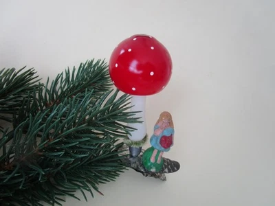 antiker Christbaumschmuck, großer Fliegenpilz, Mädchenfigur, Zwicker, Rarität - Bild 1 von 4