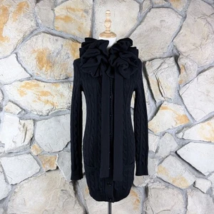 Ralph Lauren Blue Label Tie Neck Ruffled Cable Knit Sweater Black | S - Foto 1 di 5