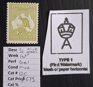 1913 Australia 3d Olive Green Kangaroo stamp 1st WMK Die 1 MUH Cat $675.00. - Bild 1 von 3