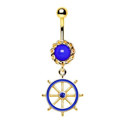 Gold Plated Deep Blue Ship Wheel Dangle Navel Ring - Image 1 of 3