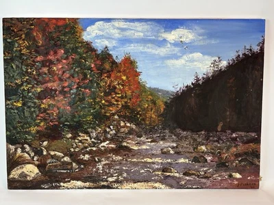 1966 J Fishman картина маслом осень река пейзаж Impasto 36 x 24 винтажный - Изображение 1 из 4