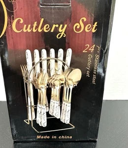 Cutlery Set 24pcs Stainless Steel Gold With White Marble Pattern Handle - Picture 1 of 7