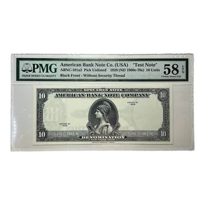 American Bank Note Co. ABNC 10 Units 1929 (ND1960-70’s) Test Note Specimen PMG58 - Picture 1 of 2