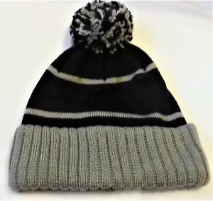 Knit Cuff Hat Toboggan Beanie Unisex Pom Pom Navy Gray Stripe Double Layer Line - Picture 1 of 4