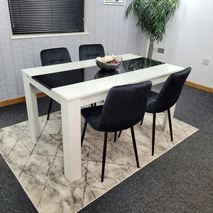 Dining Table And 4 Chairs White Black Wooden Table, Black Velvet Tufted Chairs - Picture 1 of 9