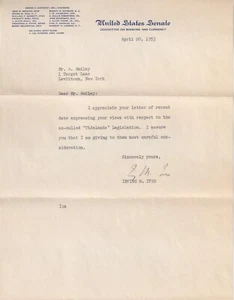 Irving Ives, US Senator from NY, Signed 1953 Letter re "Tidelands" legislation - Picture 1 of 3