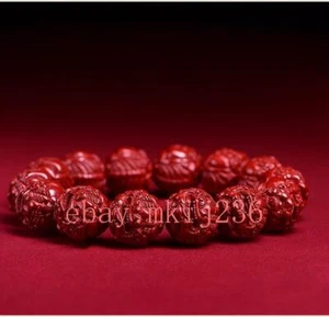 Pulsera Pixiu de cuentas redondas talladas en arena emperador cinabrio natural certificado - Imagen 1 de 5