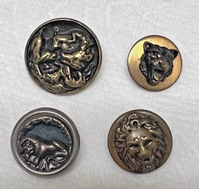4 Antique Round Metal Picture Buttons Lions Tiger Wild Boar & Dog Gold Silver + - Image 1 of 4