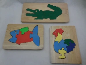 3 Handmade Wooden Tray Puzzle Chicken Fish Alligator Primitive Folk ARt - Picture 1 of 4