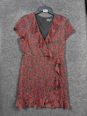 Vestido Bardot Mujer Grande EE. UU. 10 Negro Rojo Envolvente Corbata Cintura Volantes Dobladillo Manga Corta Foto 1 de 4