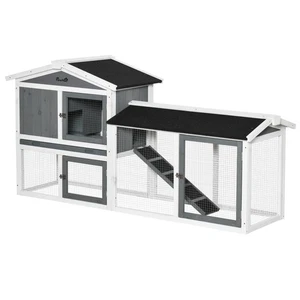 PawHut Rabbit Hutch, 2-Tier Wooden Animal House w/ Run Box, Ramp, White - Picture 1 of 11