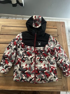 Boys Hooded Spyder Puffy Puffer Gray Red Black White Jacket Size 10 - Image 1 of 4