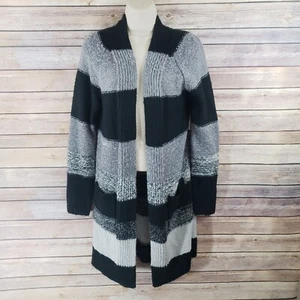 BP NWT S Sweater Longline Cardigan Women Open Front Black Gray Bold Stripe S10 - Picture 1 of 6