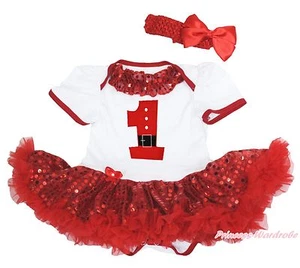 XMAS Santa 1ST Birthday Lacing White Bodysuit Sparkle Red Baby Dress NB-18Month - Picture 1 of 3