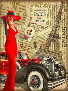 1932 Paris France Eiffel Tower Girl Car Retro Travel Art Deco Poster Print - Picture 1 of 1