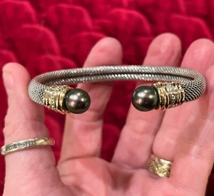 Tahitian Pearl Diamond 14k Sterling Mesh Cuff Bracelet STUNNING! 925 Saks $1200 - Picture 1 of 14