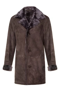 Men's Brown Sheepskin Car Coat New Real Shearling Classic Suede Leather Pea Coat - Picture 1 of 5